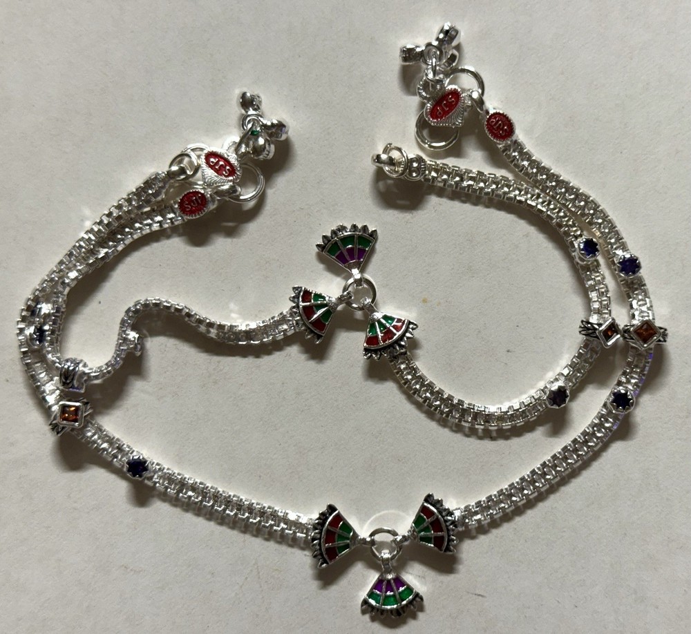 Sterling silver Meena payal anklet with red crystals and bells Bollywood style-image