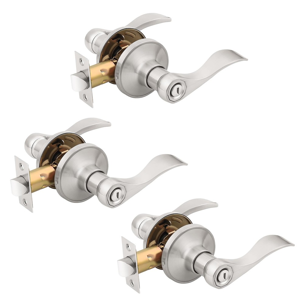 3 Pack Privacy Door Handle Brushed Nickel, Keyless Bedroom Interior Door Hand...