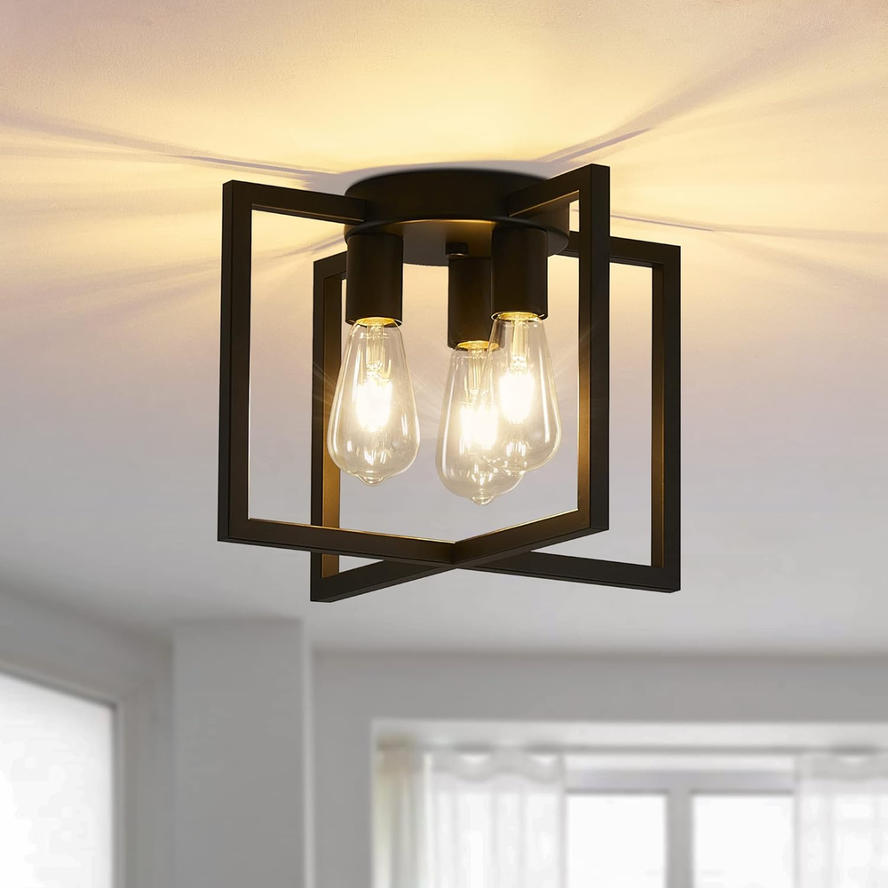 3-Light Ceiling Light Fixture, Black Semi-Flush Mount Chandelier with Geometric