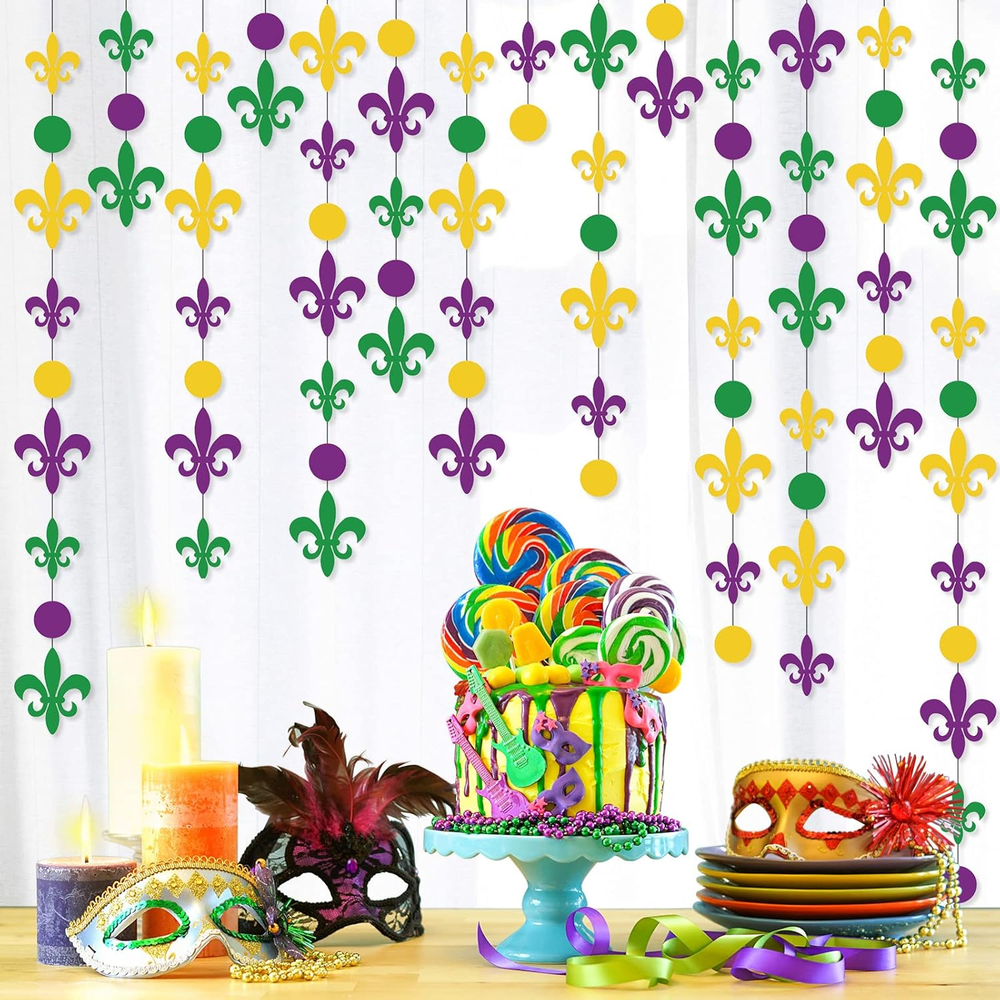 Gold Purple Green Paper Garland Mardi Gras Party Decorations Circle Dots Streame