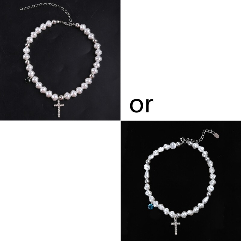 Vintage for Cross Pendant Necklace Men Women Faithful Pearl Chain Shinning Decor