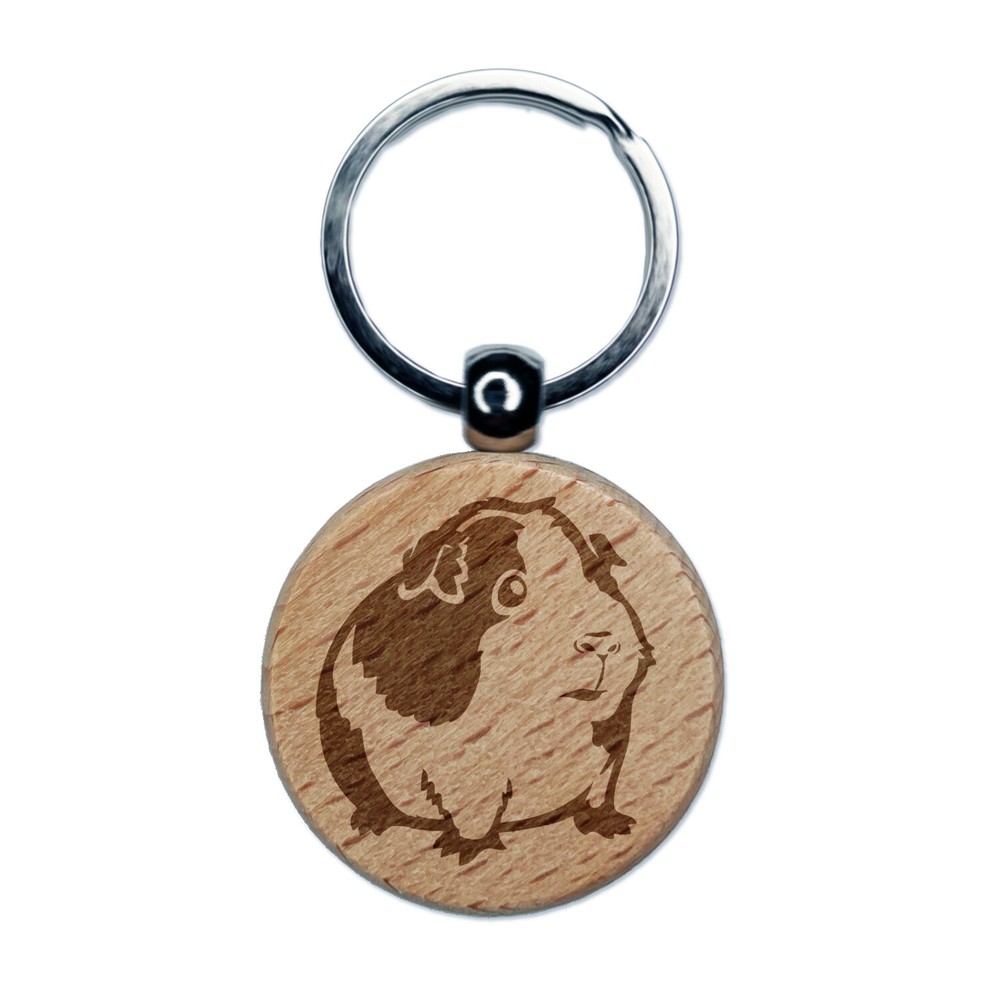 Cute Spotted Guinea Pig Engraved Wood Round Keychain Tag Charm