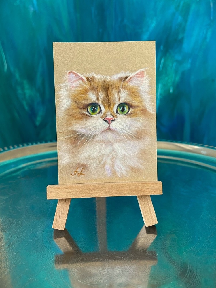 Original Pastel Persian Cat Drawing in ACEO Format by Artist  
