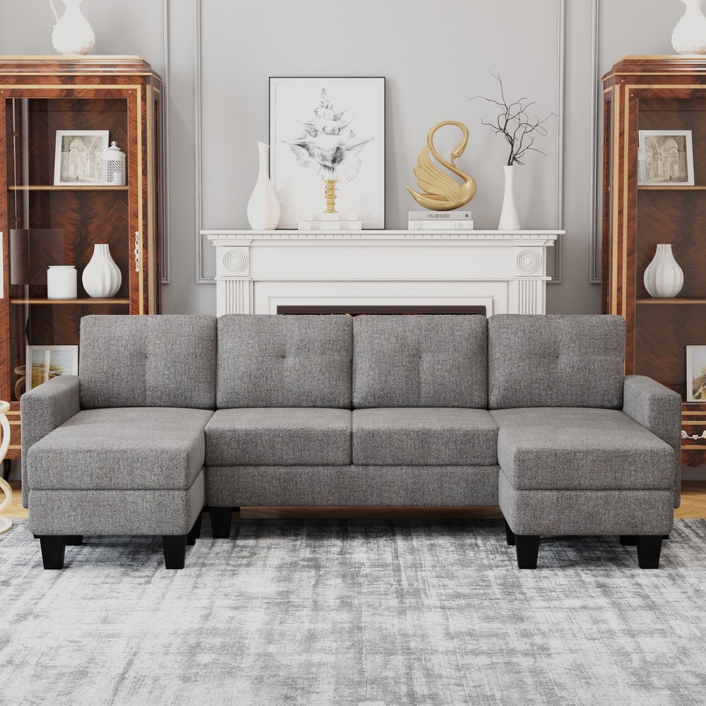 U-Shaped 4-Seat Sofa with Chaise in Polyester Fabric for Living Room or Apartment