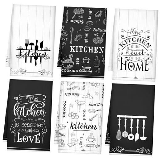 6 Pcs Kitchen Towels Sets Decorative Dish Towels Absorbent Black White Food