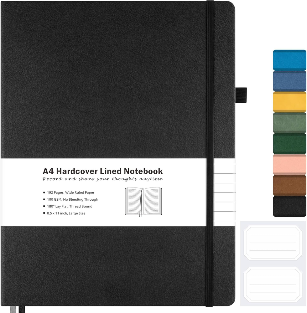 Lined Hardcover Journal 8.5x11, 192 Thick Pages, Lay Flat, 2 Pockets, Black