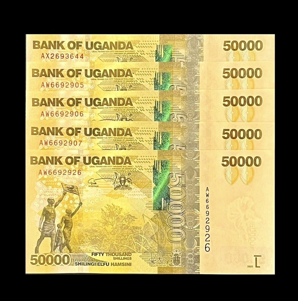 Ugandan Shillings: 5 pcs x 50000 UNC Banknotes (250K UGX) - Includes CoA