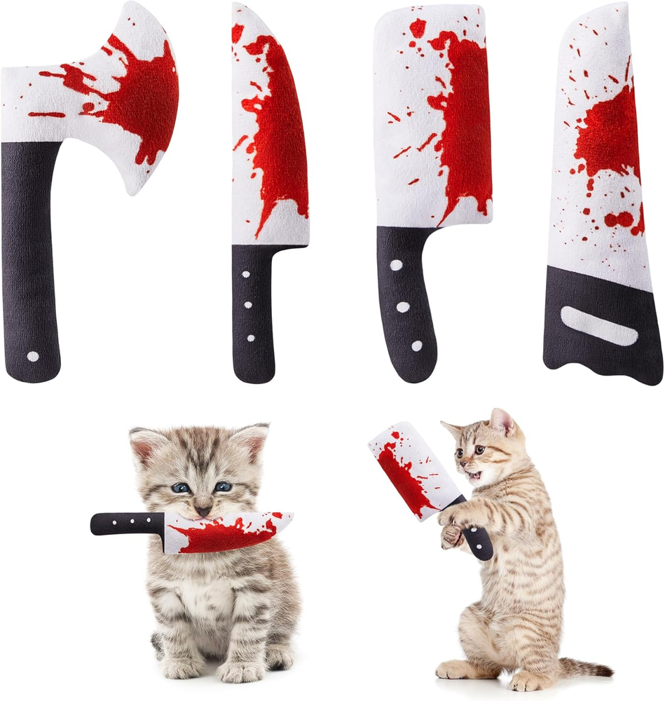 4Pcs Cat Toys, Horror Halloween Knife-Shaped Kitten Catnip Crinkly Sound Toys, I