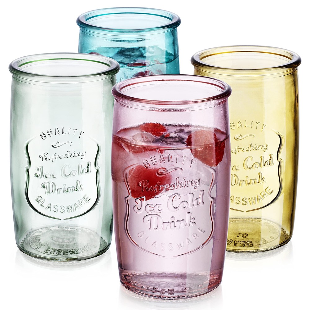 Colored Glassware, Ice Cold Drinking Glasses Set of 4 – 18 Oz Vintage Glass C...