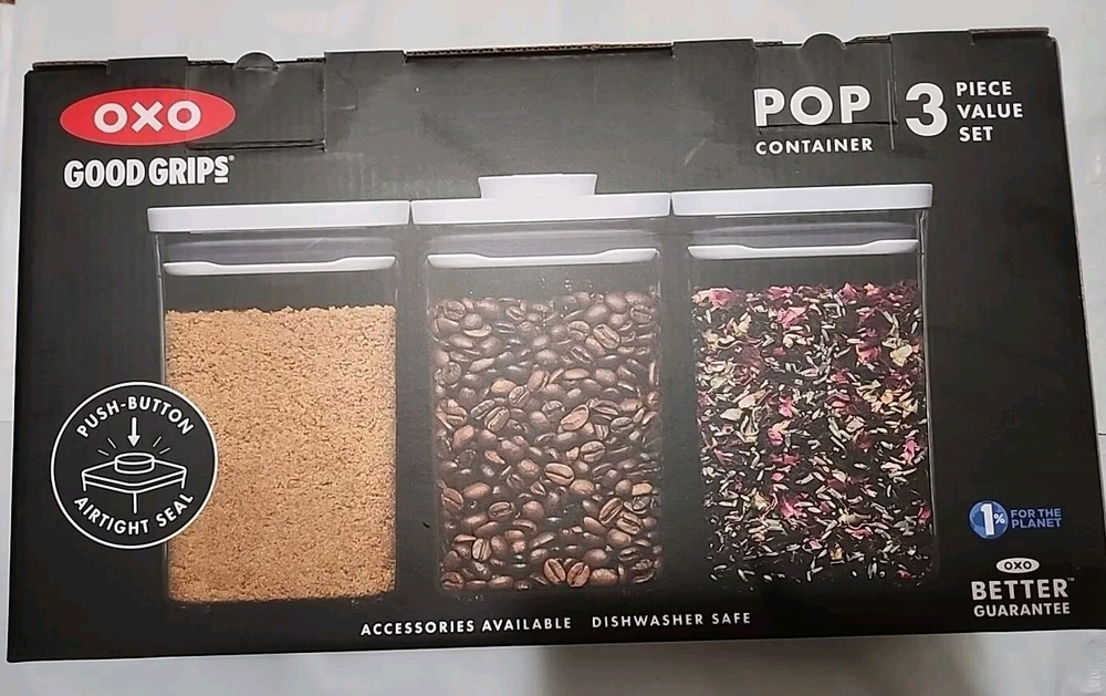 OXO Good Grips 3-Piece Pop Container Set with Push-Button Airtight Seal for Fresh Food Storage 11236200 Brand New