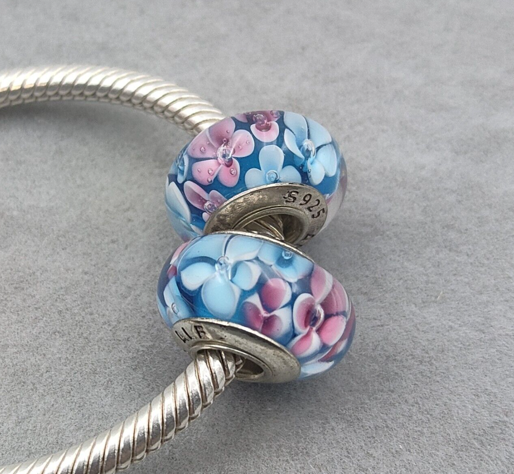 AUTÉNTICO 2 piezas Dije Europeo Flor Cristal Murano Plata de Ley 925 Cuentas