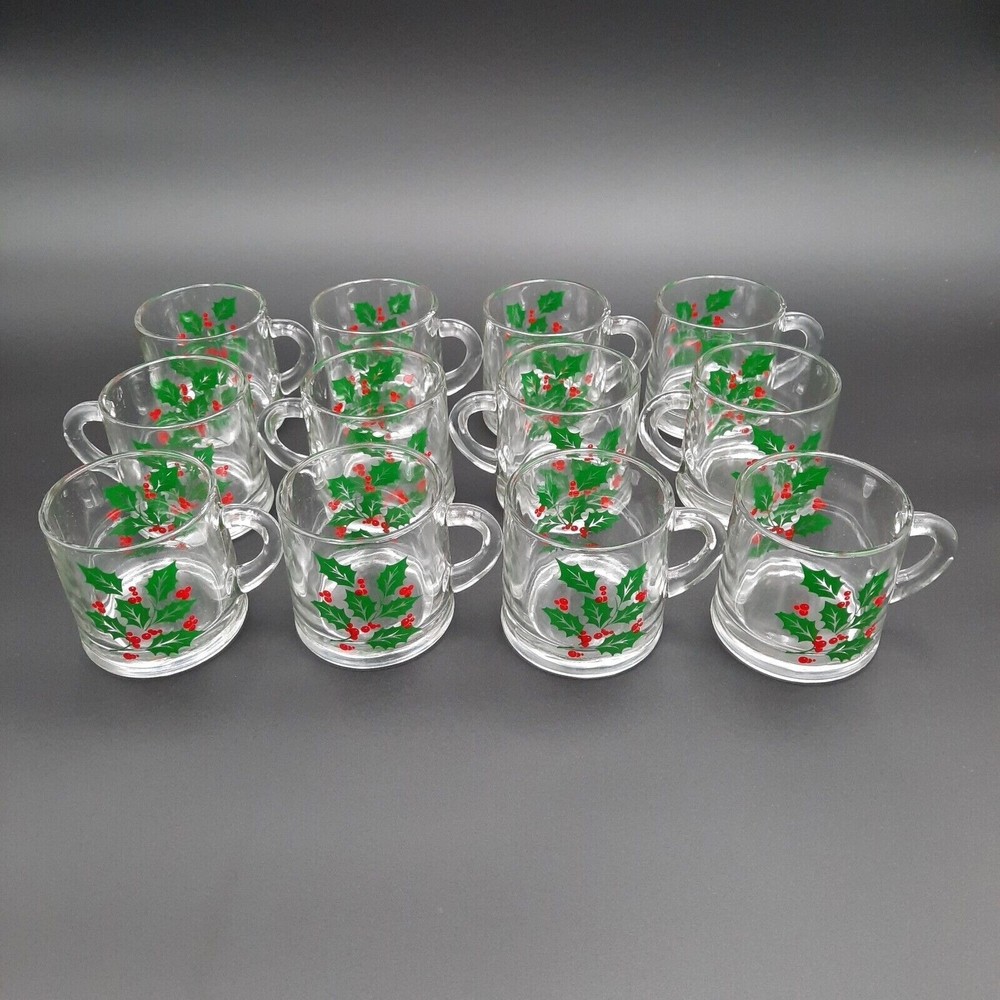 Set of 12 Vintage Clear Glass Holiday Mugs with Festive Holly Berry Design