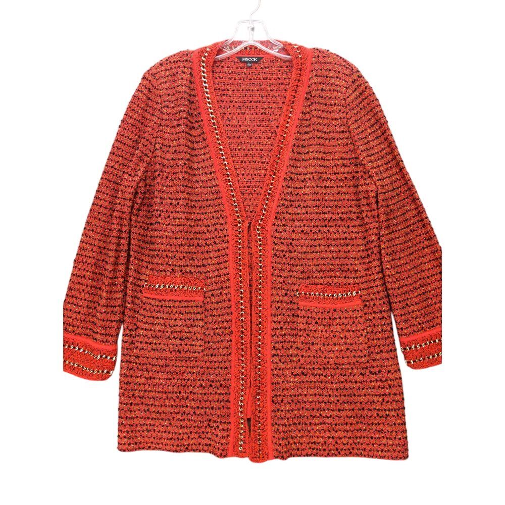 MISOOK Gold Metal Chain Trim Open Front Red Boucle Cardigan Sweater Size L