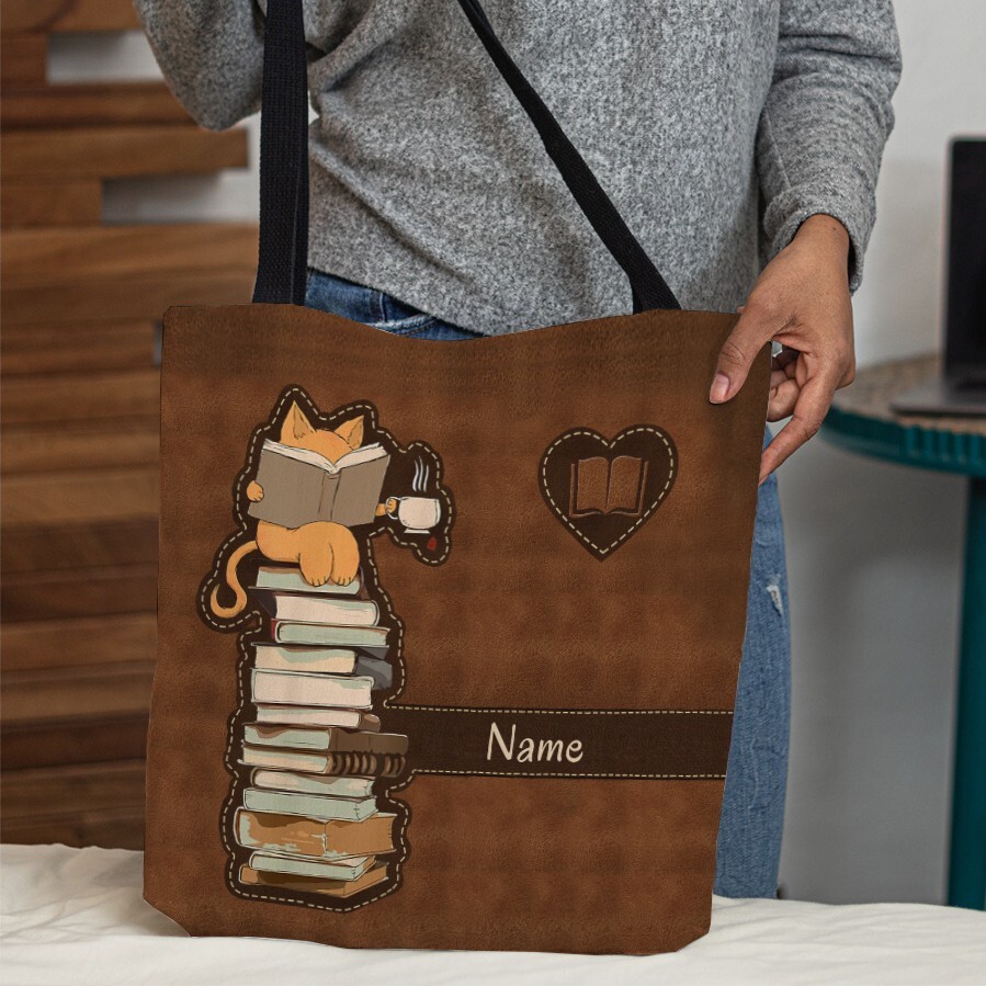 Vintage Cat Reading Book Tote Bag - Personalized Book Lover Gift-image