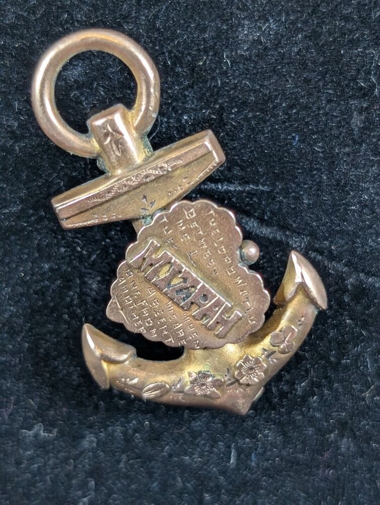 Antique 9ct Rose Gold MIZPAH Brooch / Badge - Anchor & Heart - 1.86g