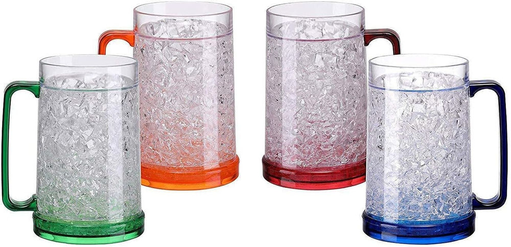 Double Wall Gel Frosty Freezer Ice Mugs Clear 16Oz Set of 4 (Blue, Red, Orange a