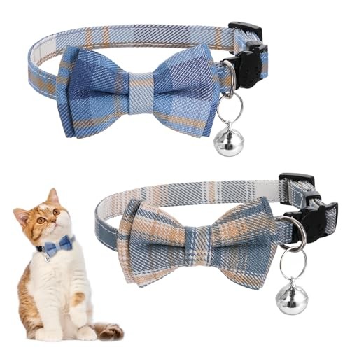 2 Pack Detachable Soft Bowtie Plaid Cat Collars Cat Collar Breakaway