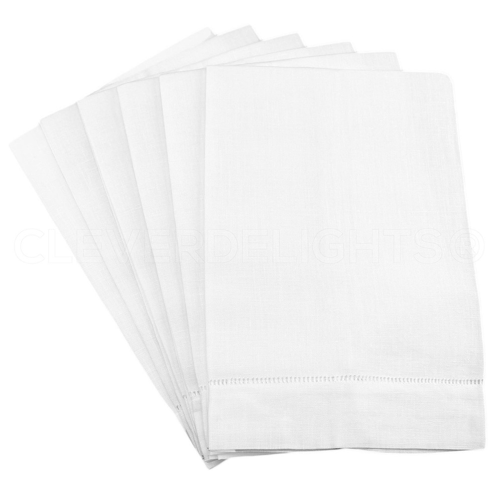 CleverDelights White Hemstitched Hand Towels - 6 Pack - 14