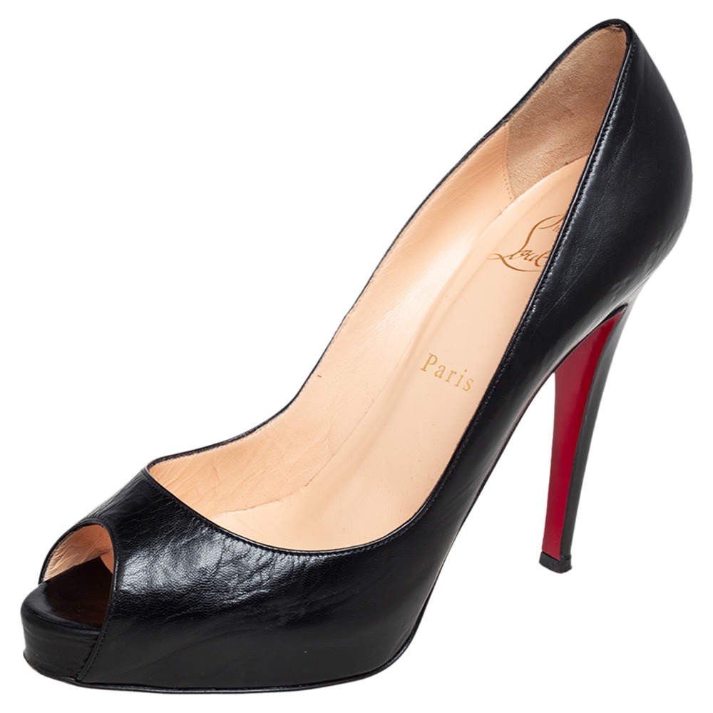 Christian Louboutin Black Leather Very Prive Peep Toe Pumps Size 385