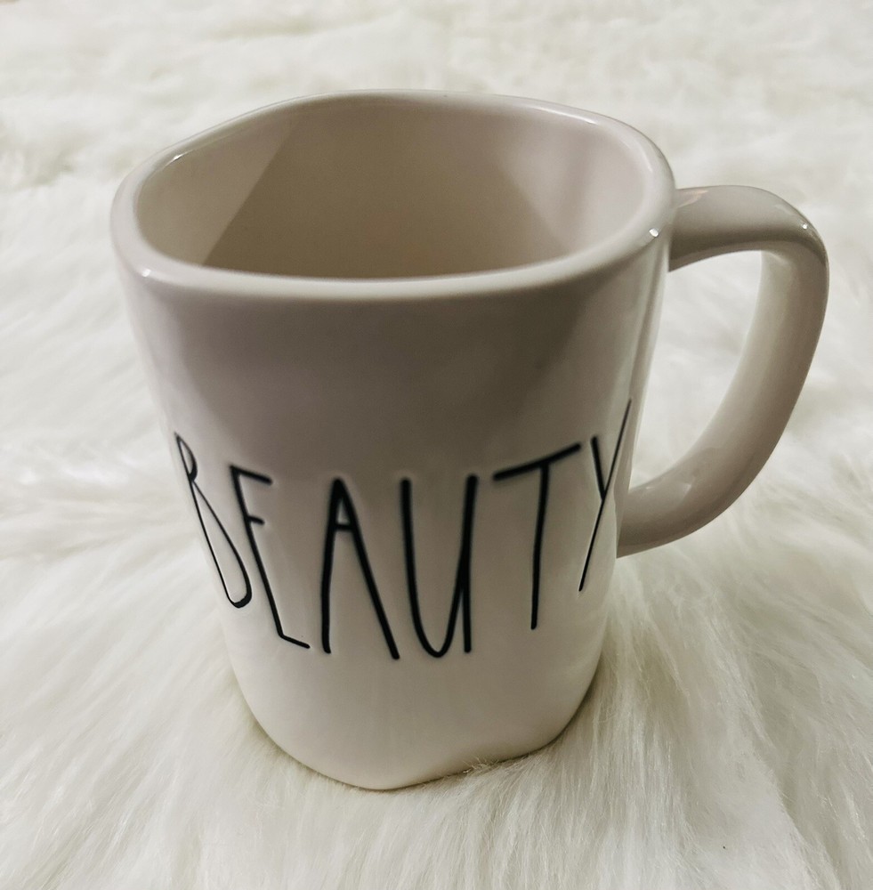 Rae Dunn BEAUTY Large Letter White Ivory Coffee Mug Artisian Collection Ceramic