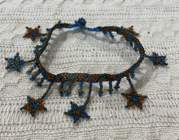 Vintage Huichol Glass Bead Ankle Bracelet Bronze & Turquoise Stars
