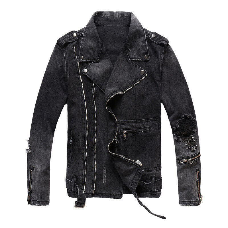New Men Punk Ripped Denim Jean Jacket Distressed Biker Motorcycle Coat Rock
