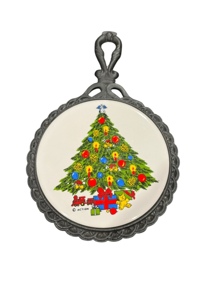 Cast Iron Ceramic Tile Trivet Carlton Christmas Tree 1985 Taiwan w/ Original Box