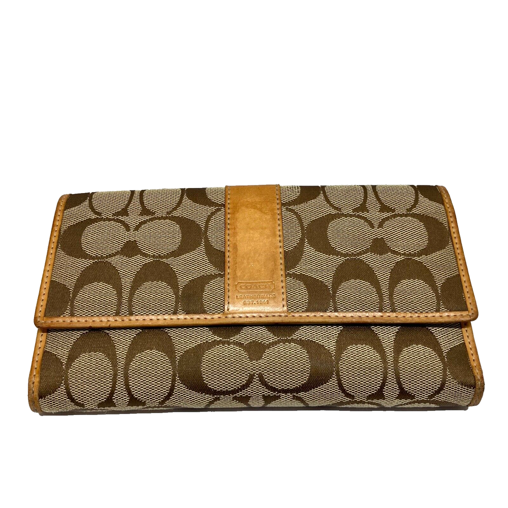 Coach Vintage Tri-Fold Wallet Brown Khaki Jacquard Leather Trim Women