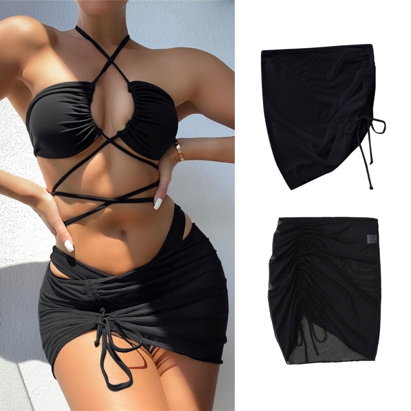 Womens Ruched Swimsuit Cover Up High Waist Mesh Beach Short Skirt for