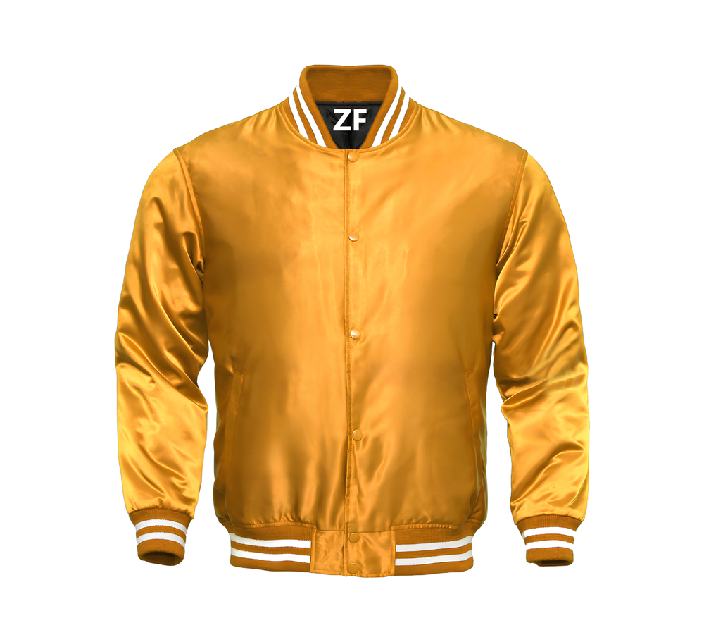 Custom Embroidered Varsity Letterman Jacket in Gold Satin for Men-image