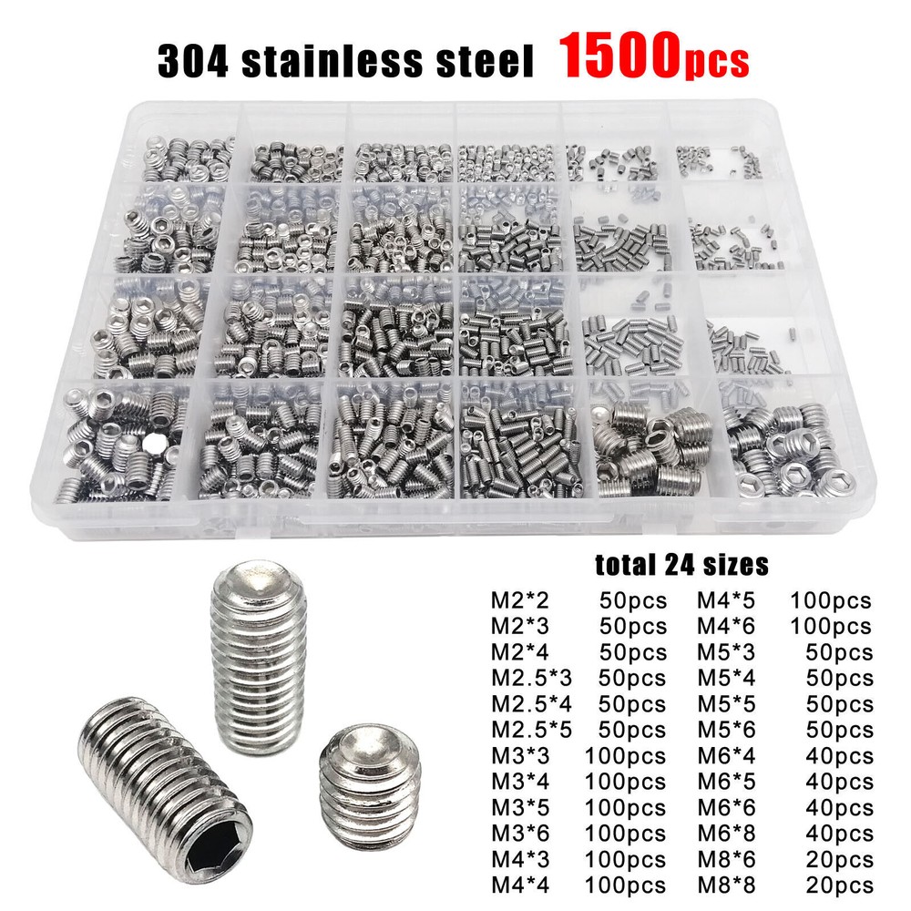 500/1500x M2-M8 DIN916 Hex Hexagon Socket Cup Point Grub Bolt Set Screw Kit Box