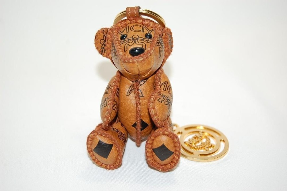 MCM Visetos Studded Logo Bear Keychain in Brown Orange Camel