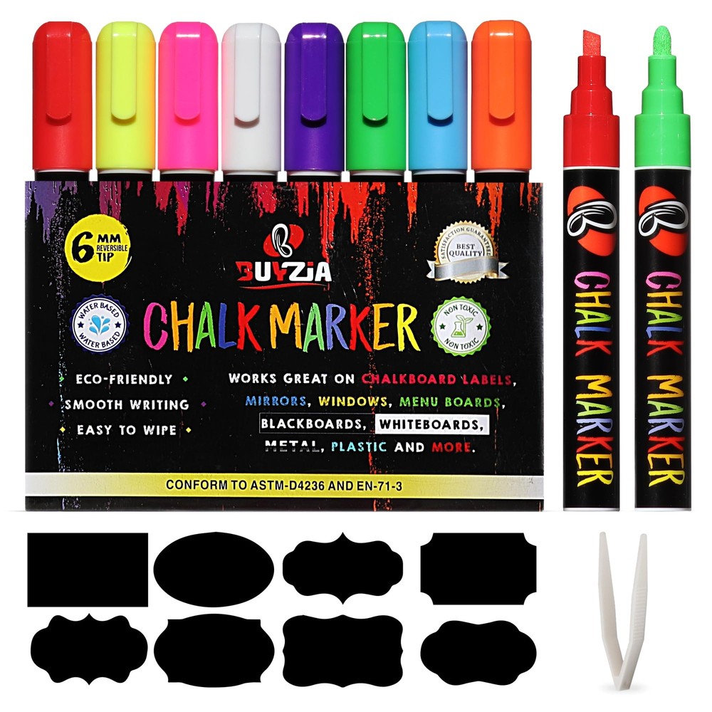 BUYZIA Liquid Chalk Markers - 8 Pack Neon Colors - 6mm Chalk Pens with Revers...