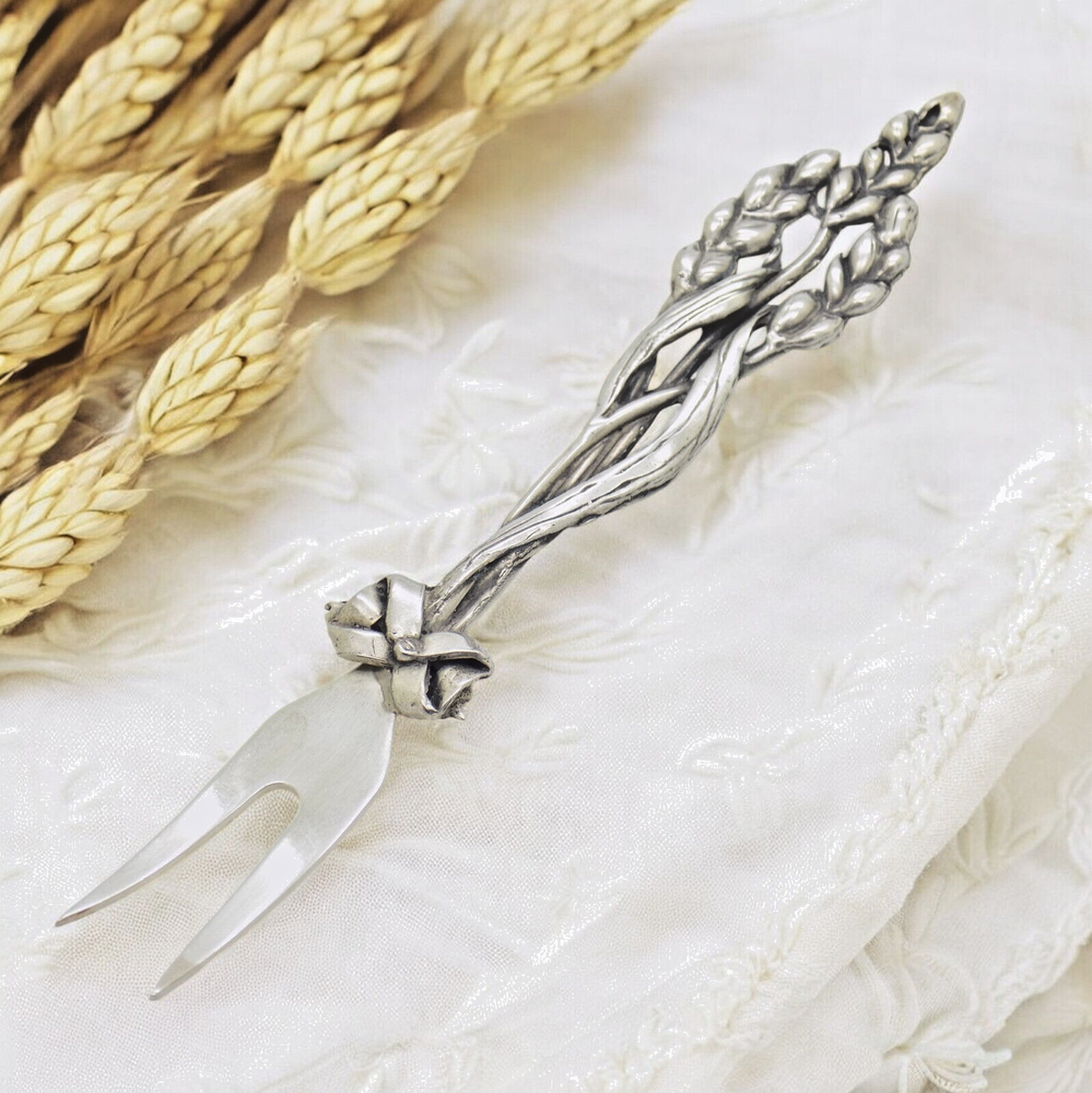Vintage Italian Handmade Genuine Silver Cocktail Fork with Wheat Corn Decoration