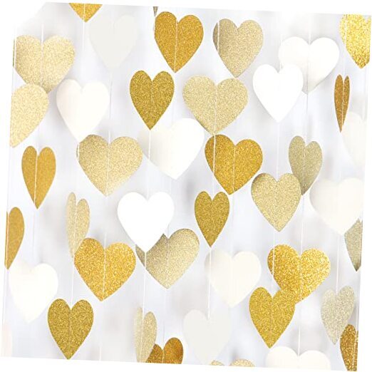 White-Gold Champagne Party-Decorations Heart Streamers Garland - 52Ft