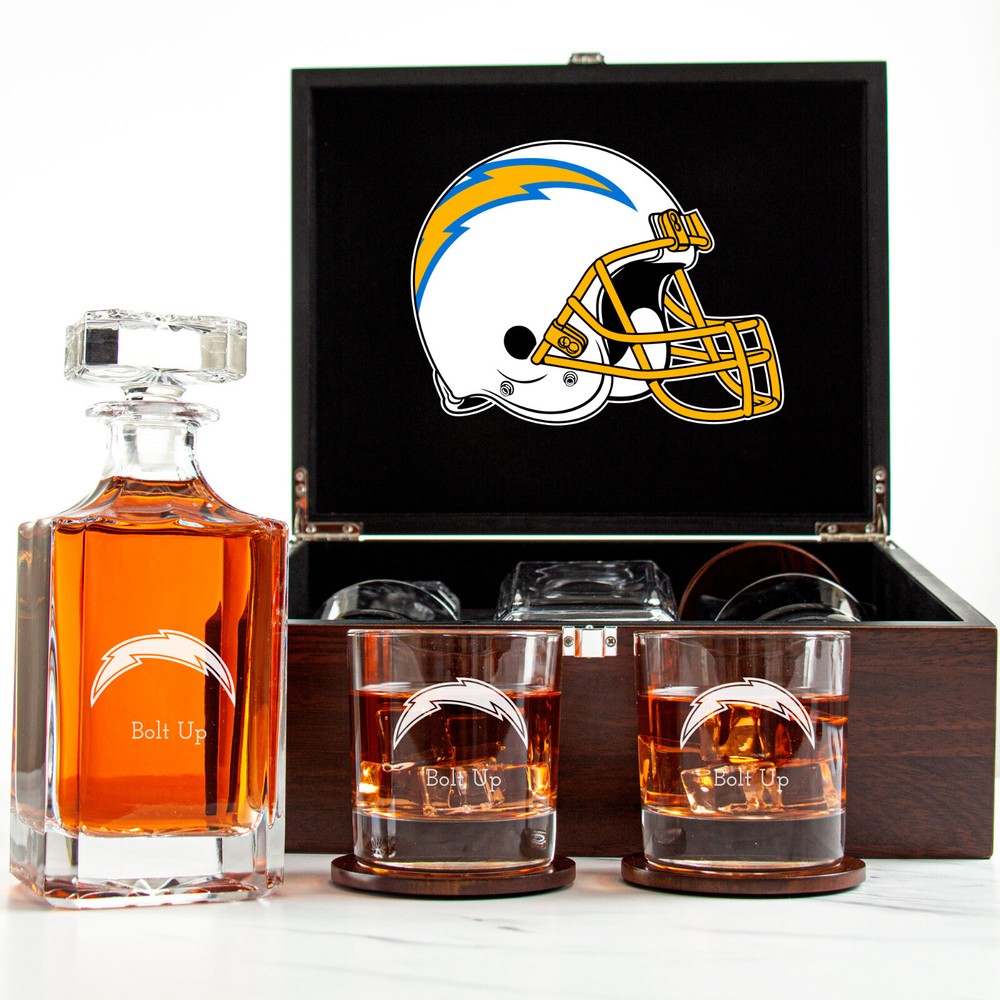 Los Angeles Chargers - Decantador de whisky de fútbol americano grabado 2 vasos en caja de madera