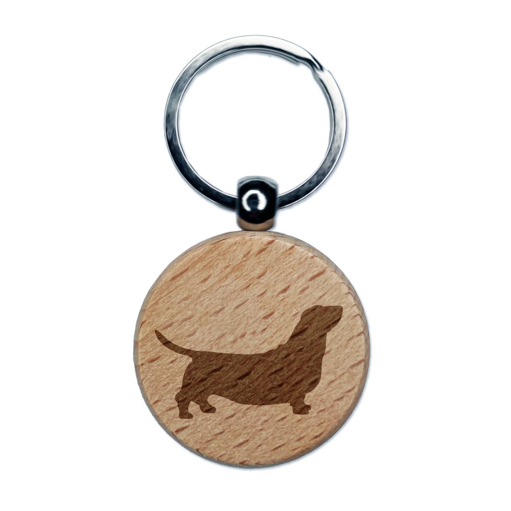Basset Hound Dog Solid Engraved Wood Round Keychain Tag Charm