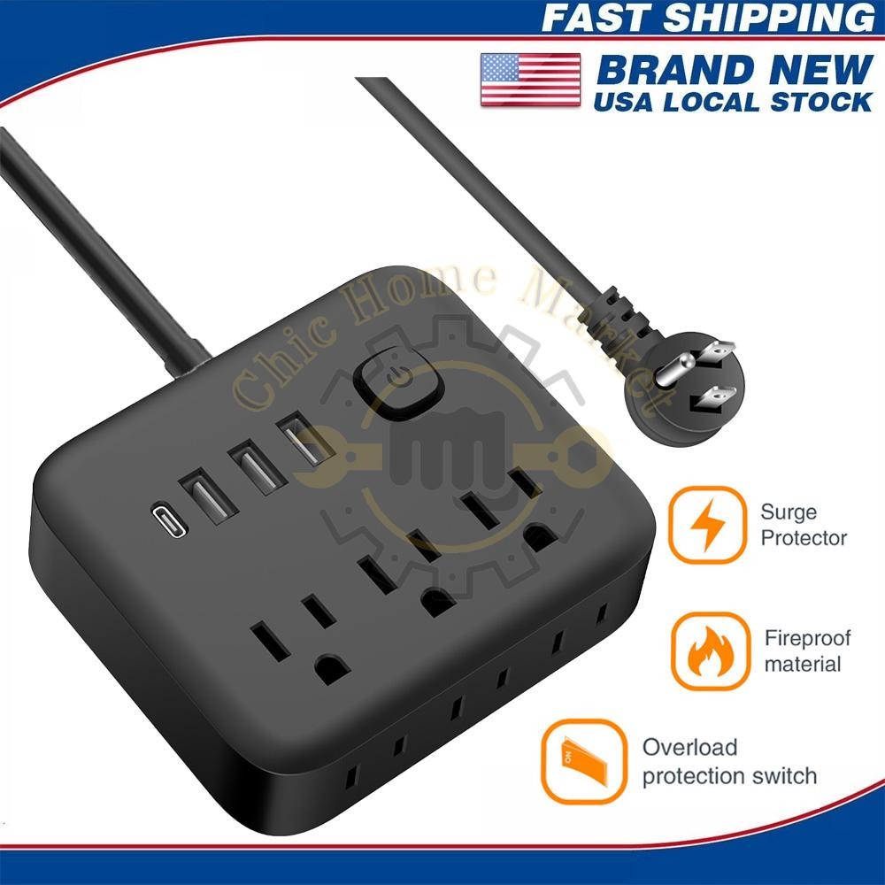 10 in 1 Power Strip Surge Protector 6 AC Outlet 3 USB Ports Type C Port 5ft Cord