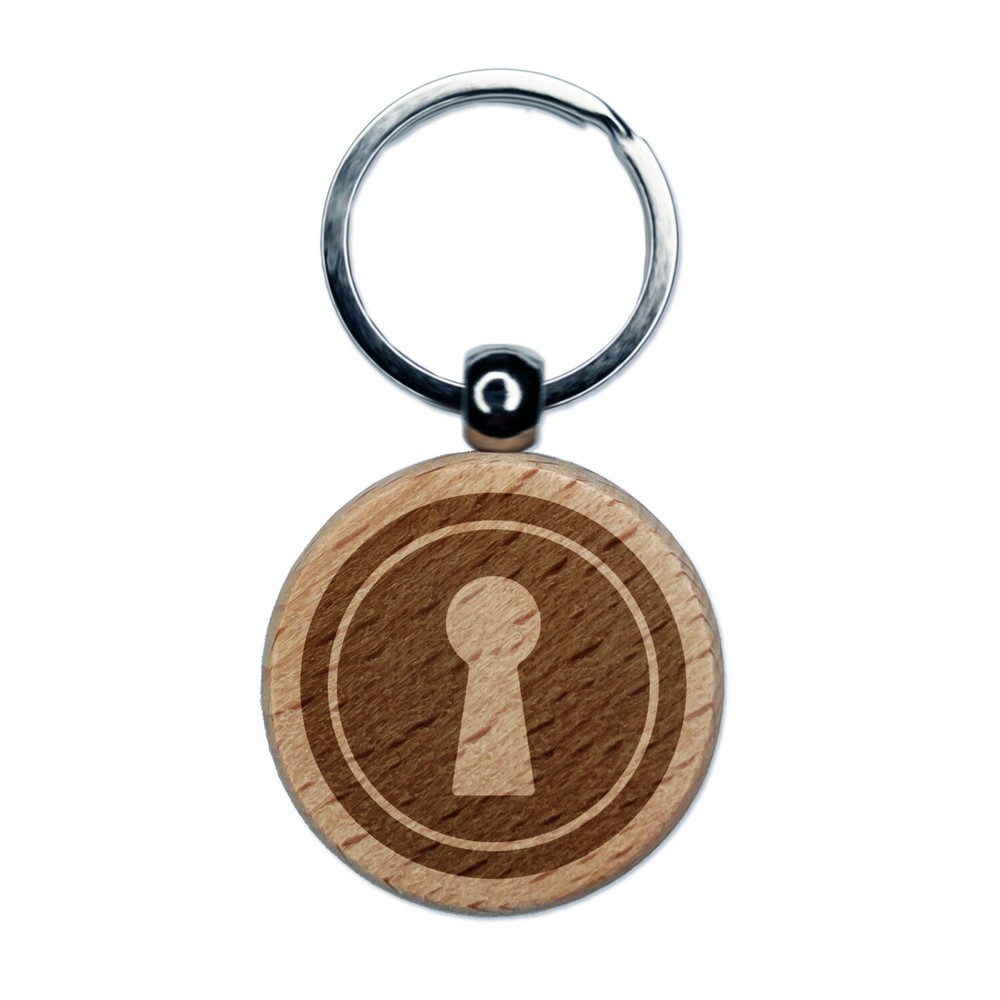 Keyhole Door Lock Engraved Wood Round Keychain Tag Charm