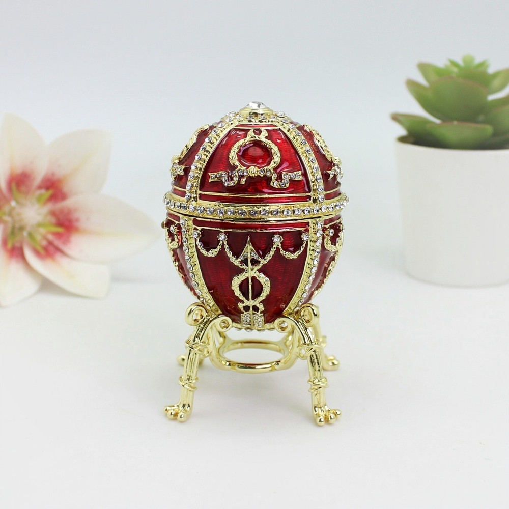 SHINNYGIFTS Enamel Faberge Egg Trinket Box with Rosebud and Pendant Easter Gifts
