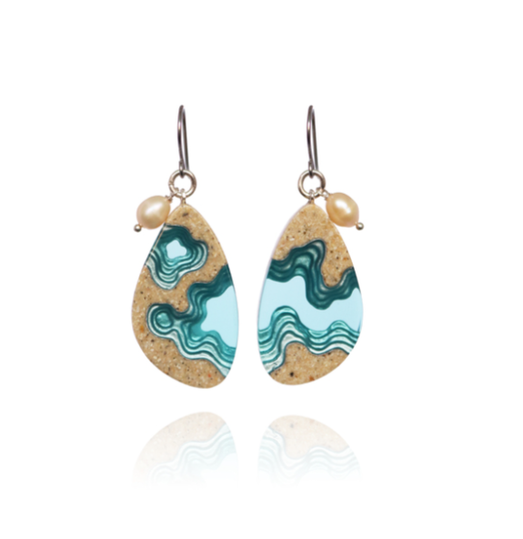 BoldB Aquamarine Rockpool Dangle Earrings with Pearl & Beach Sand Resin