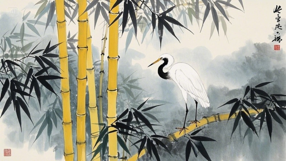 Elegant Crane and Bamboo Digital Wallpaper Background for Desktop and Mobile-image