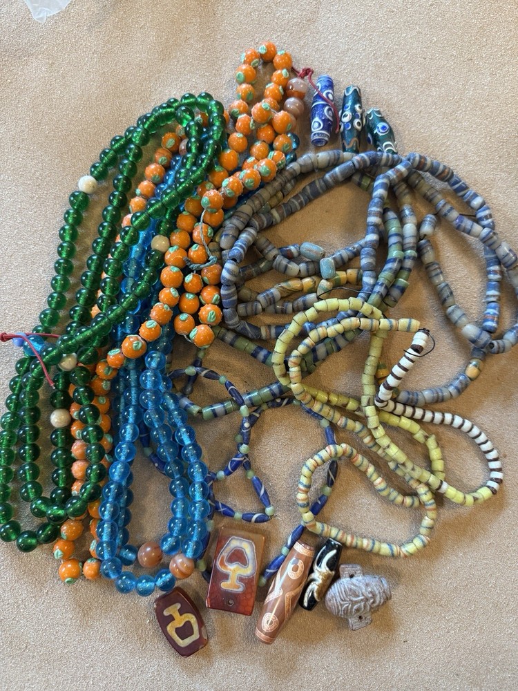 Large Bead Necklace Lot, Pendant, Glass Beads, Costume, Stone Amulet, 2.7