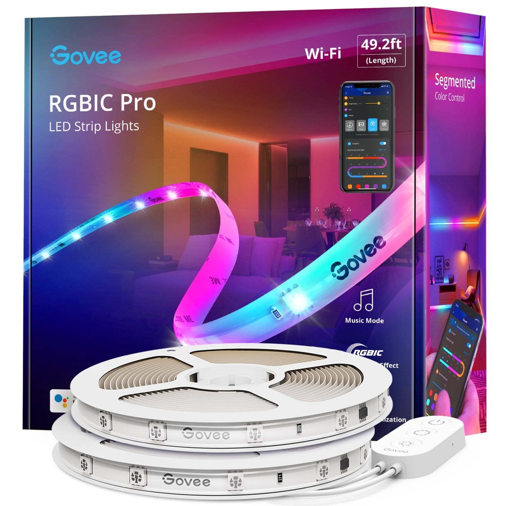 Govee 49.2ft Wi-Fi RGBIC LED Strip Lights 16M Colors 48W Waterproof Smart Light Strip with App Control