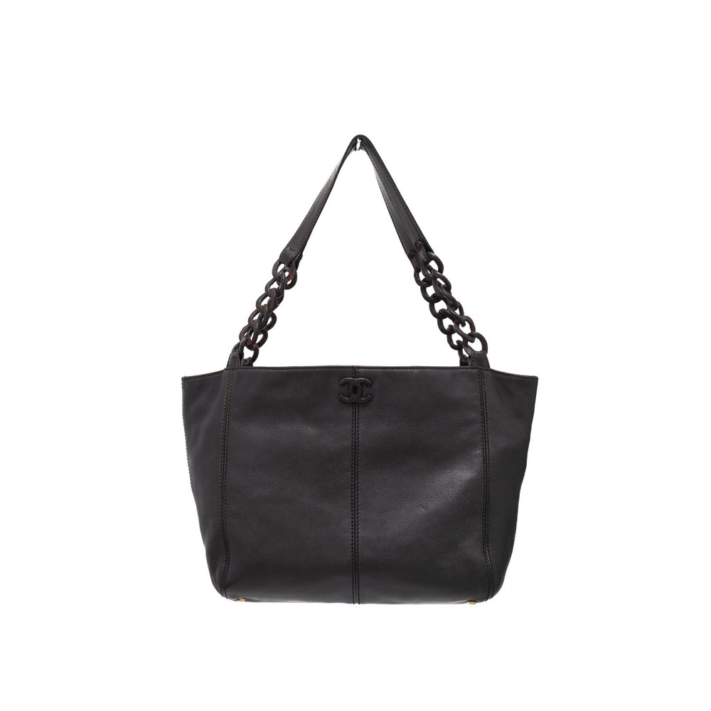 VTG Chanel Black Caviar Leather Wooden Chain CC Logo Handle Tote Bag 5.4k