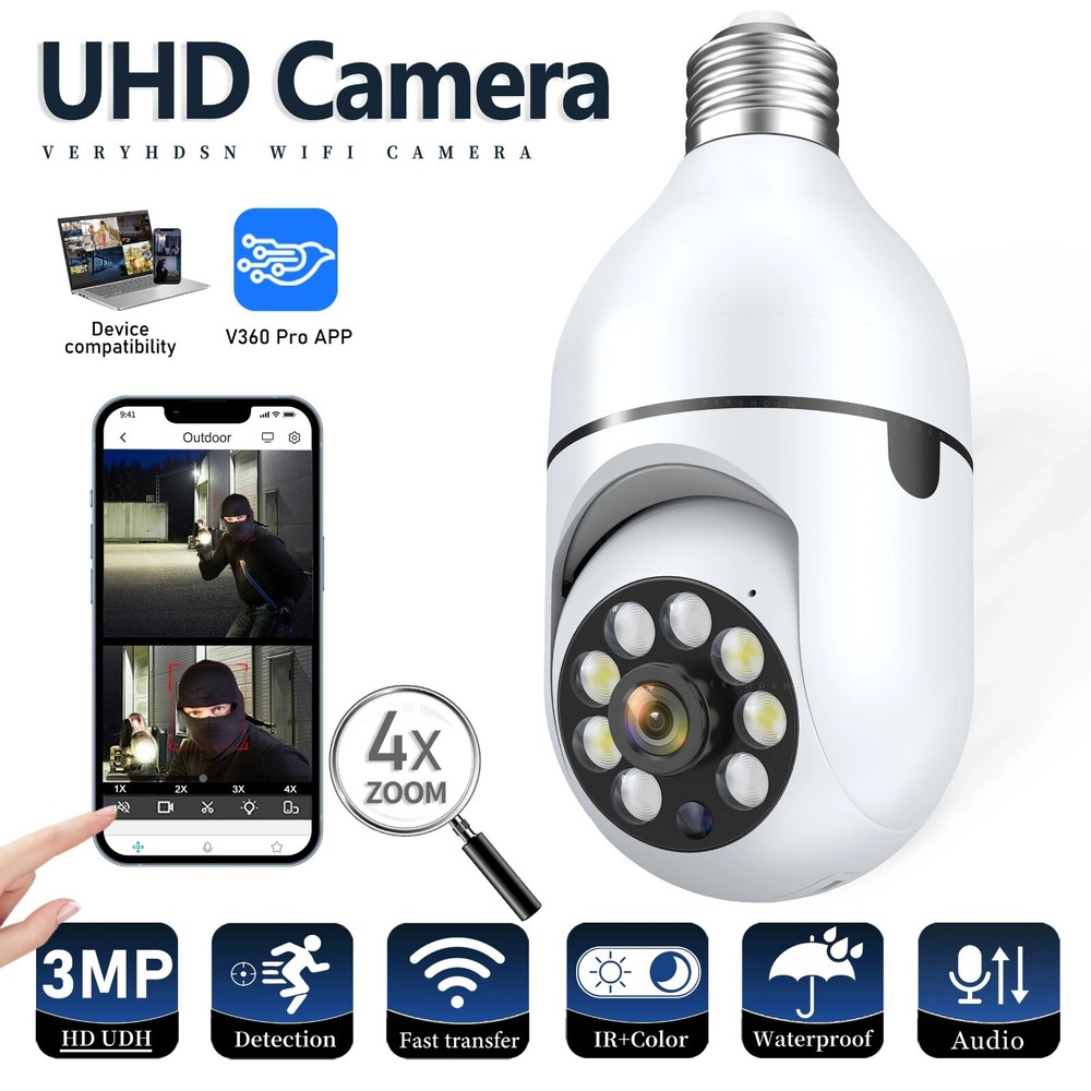 Wifi 3MP Bulb Surveillance Camera 4X Digital Zoom Color Night Wireless Cameras