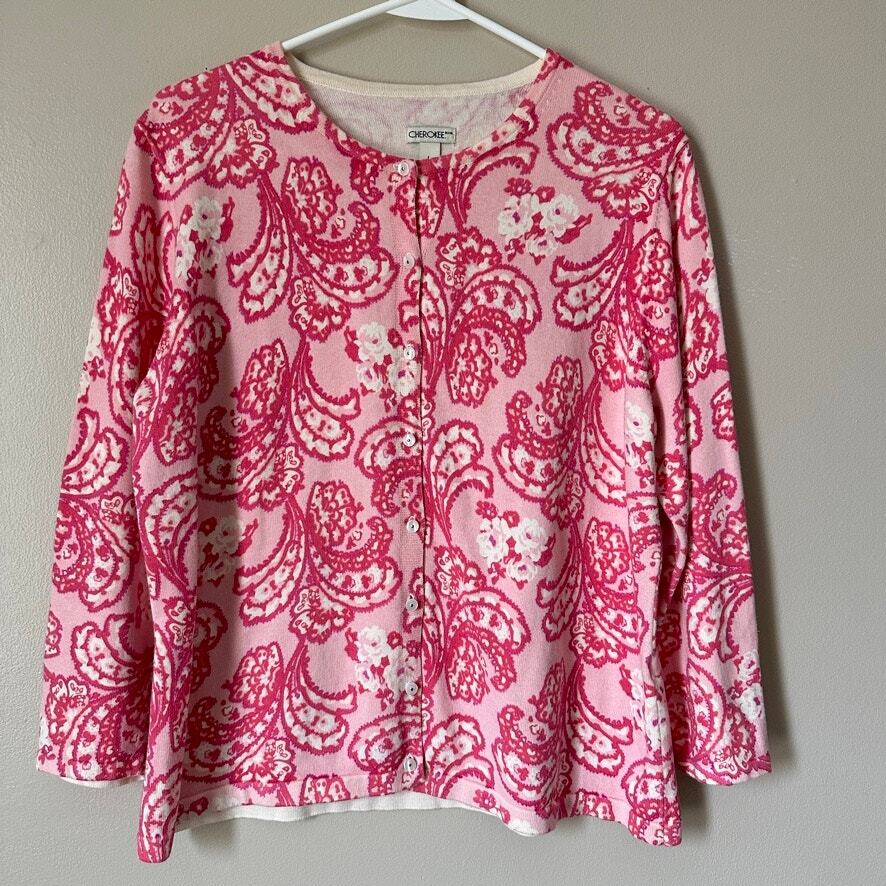 Cherokee Cotton Paisley Floral Cardigan Button Front Preppy Workwear