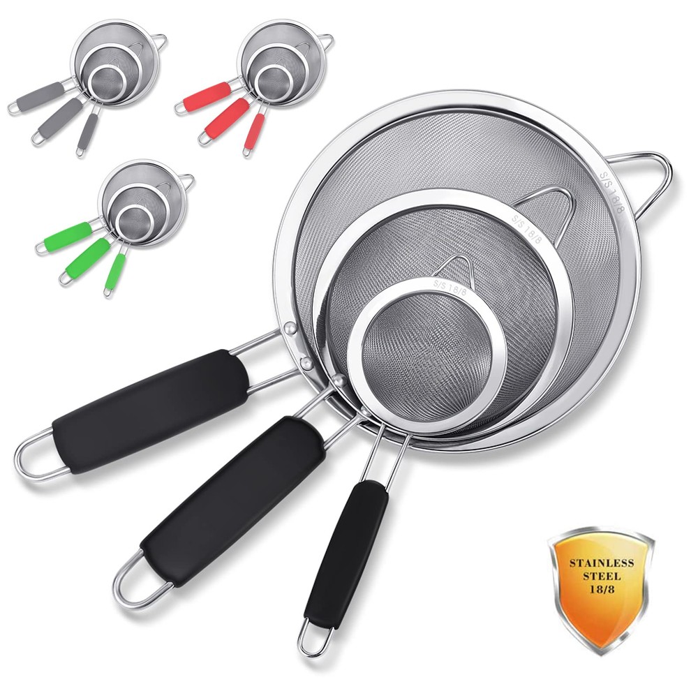 3 Pack Stainless Steel 18/8 Extra Fine Mesh Strainers, Large, Medium & Small ...