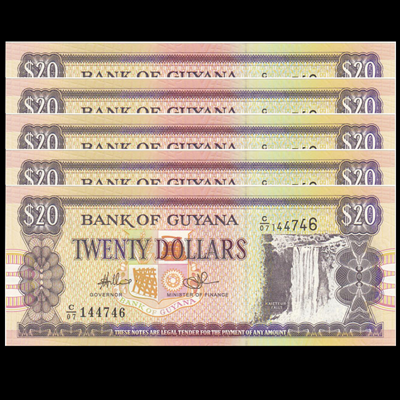 Lot 5 PCS Guyana 20 Dollars, ND(1996-2018), P-30, Random Signature,UNC