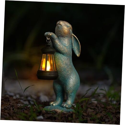 Solar-Powered Bronze Bunny Garden Statues with Outdoor Lanterns